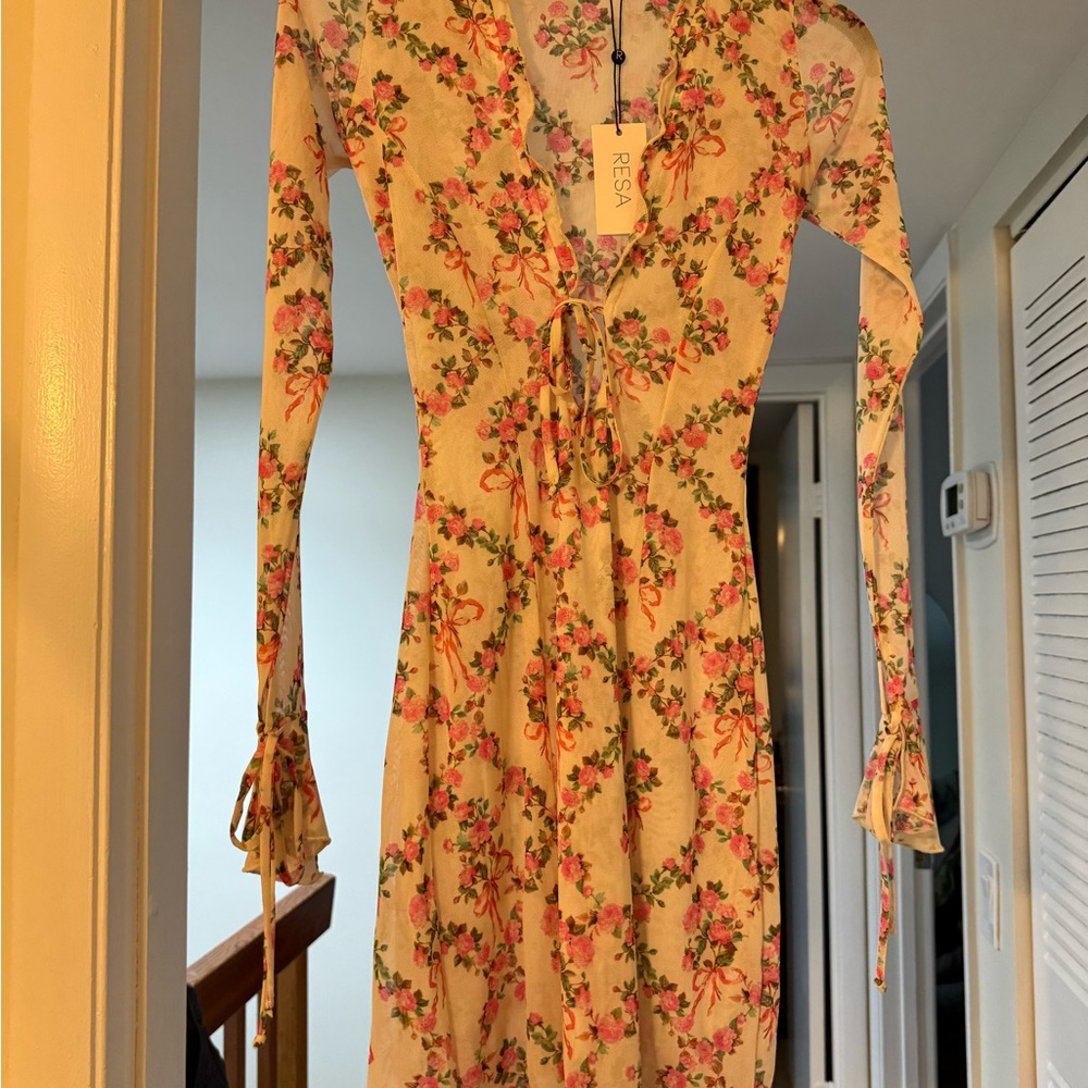 RESA Cream Floral Tie-Front Long Sleeve Dress with Pink Flowers